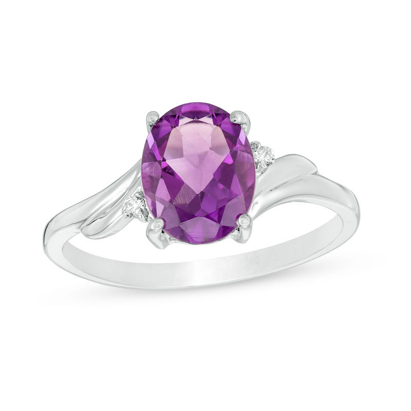 Oval Amethyst and Diamond Accent Bypass Swirl Shank Ring in 10K White Gold