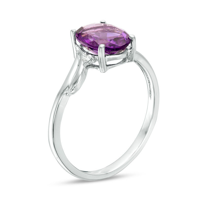 Oval Amethyst and Diamond Accent Bypass Swirl Shank Ring in 10K White Gold