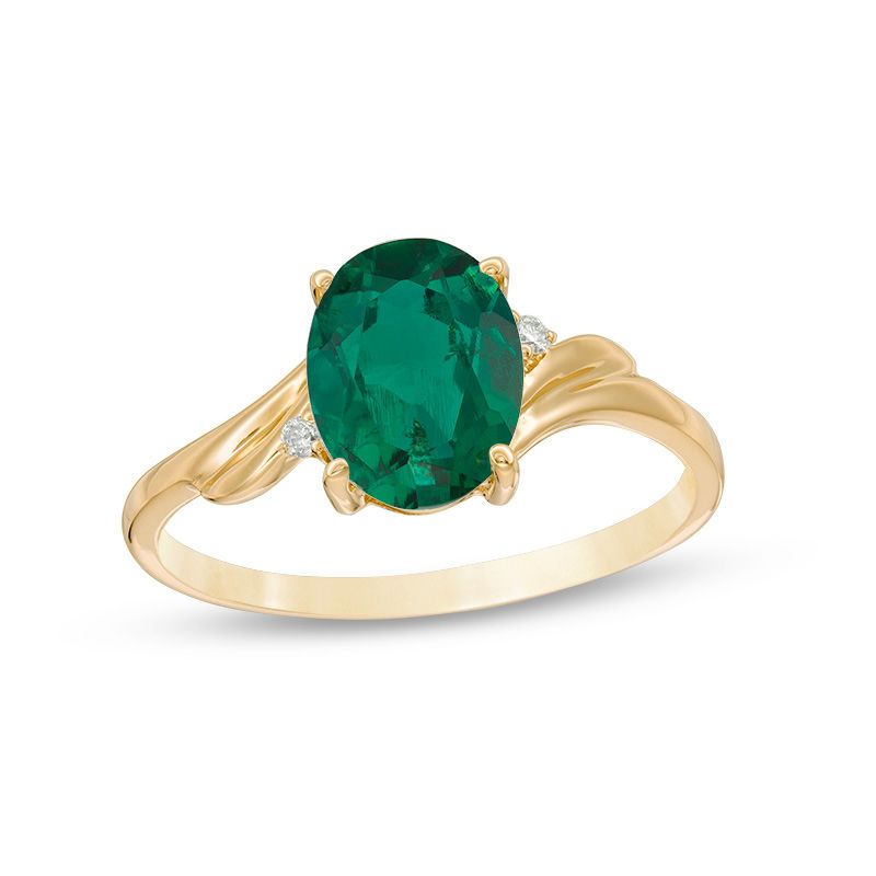 Oval Lab-Created Emerald and Diamond Accent Bypass Swirl Shank Ring in 10K Gold