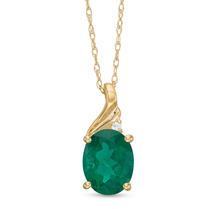 Oval Lab-Created Emerald and Diamond Accent Swirl Top Pendant in 10K Gold