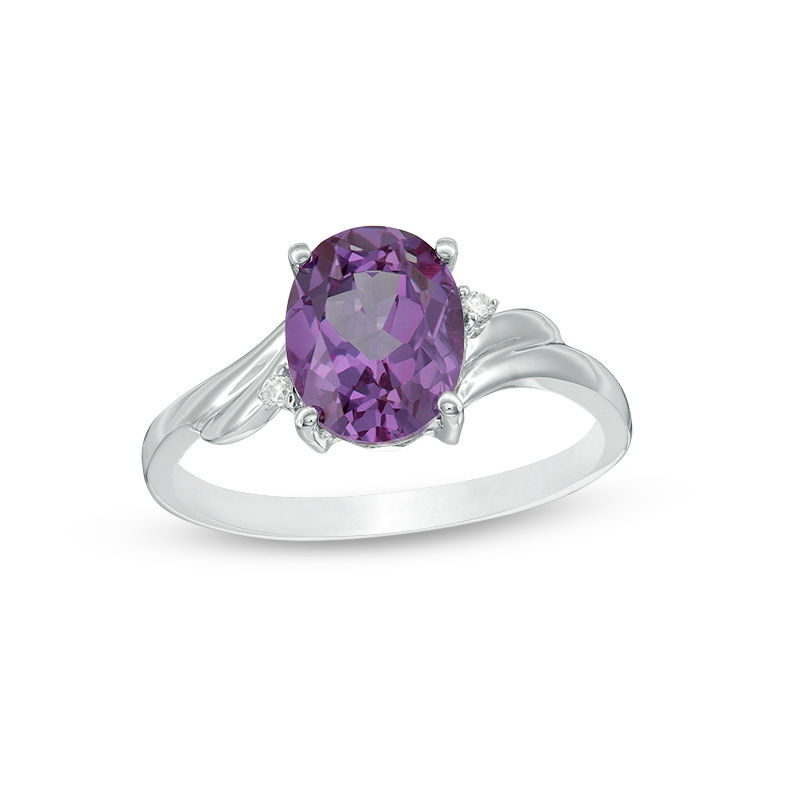 Main Image 1 of Oval Lab-Created Alexandrite and Diamond Accent Bypass Swirl Shank Ring in 10K White Gold