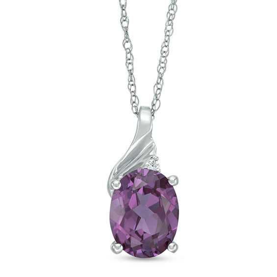 Oval Lab-Created Alexandrite and Diamond Accent Swirl Top Pendant in 10K White Gold
