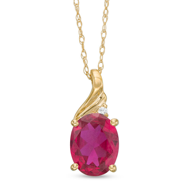 Oval Lab-Created Ruby and Diamond Accent Swirl Top Pendant in 10K Gold