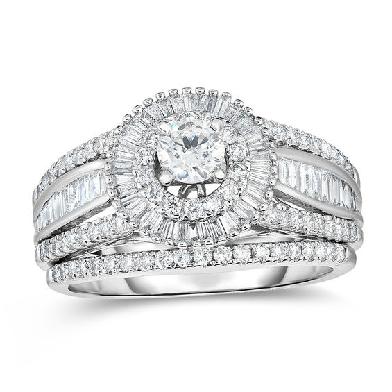 1-1/4 CT. T.W. Diamond Starburst Frame Multi-Row Bridal Set in 14K White Gold 1-1/4 CT. T.W. Diamond Starburst Frame Multi-Row Bridal Set in 14K White Gold