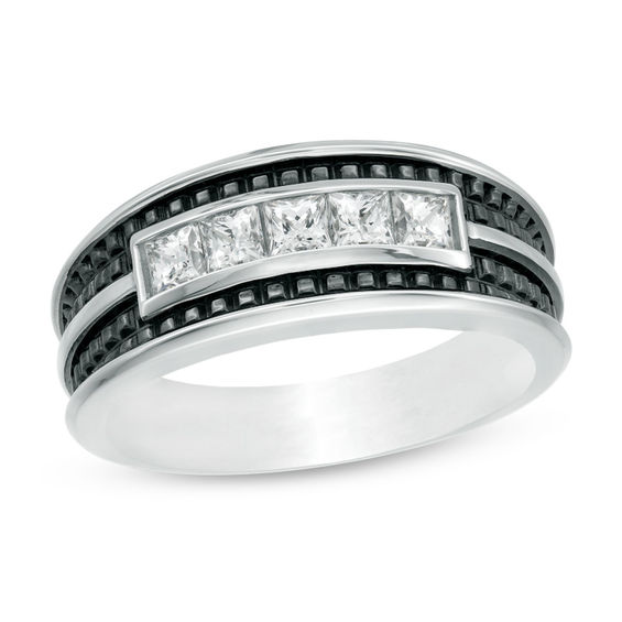 Men's 3/4 CT. T.W. Square-Cut Diamond Five Stone Textured Band in 10K White Gold with Black Rhodium Men's 3/4 CT. T.W. Square-Cut Diamond Five Stone Textured Band in 10K White Gold with Black Rhodium