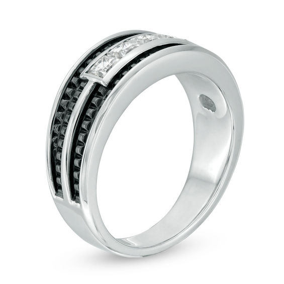 Men's 3/4 CT. T.W. Square-Cut Diamond Five Stone Textured Band in 10K White Gold with Black Rhodium Men's 3/4 CT. T.W. Square-Cut Diamond Five Stone Textured Band in 10K White Gold with Black Rhodium