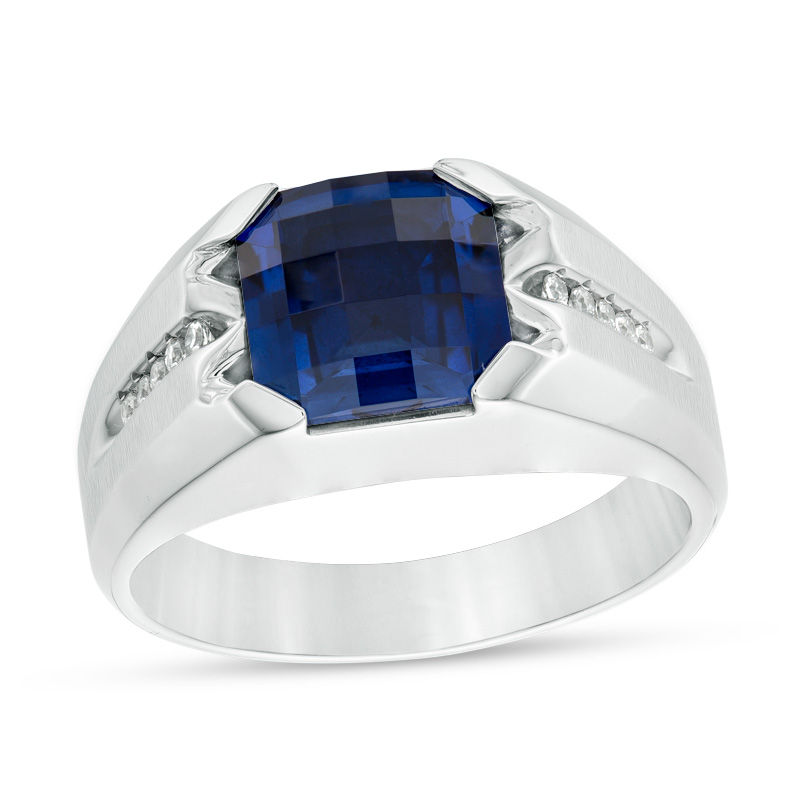 Men's Cushion-Cut Lab-Created Blue Sapphire and 1/20 CT. T.W. Diamond Ring in Sterling Silver