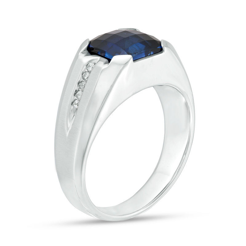 Men's Cushion-Cut Lab-Created Blue Sapphire and 1/20 CT. T.W. Diamond Ring in Sterling Silver