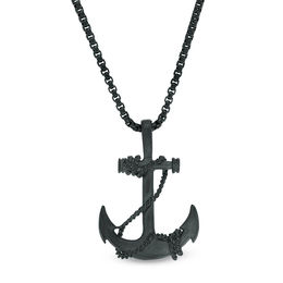 Men's Matte Anchor with Rope Pendant in Stainless Steel with Black IP - 24"