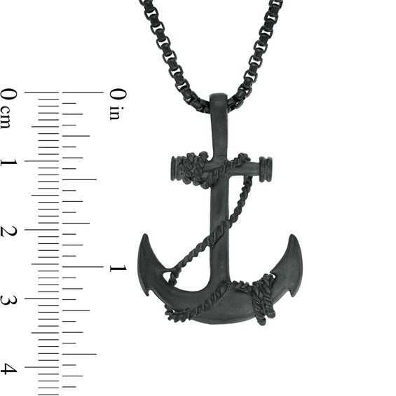 Men's Matte Anchor with Rope Pendant in Stainless Steel with Black IP - 24"