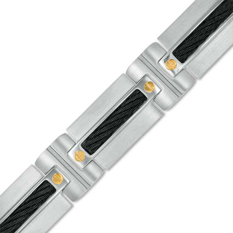 Men's Cable Stripe Link Bracelet in Stainless Steel and Two-Tone IP - 8.75"