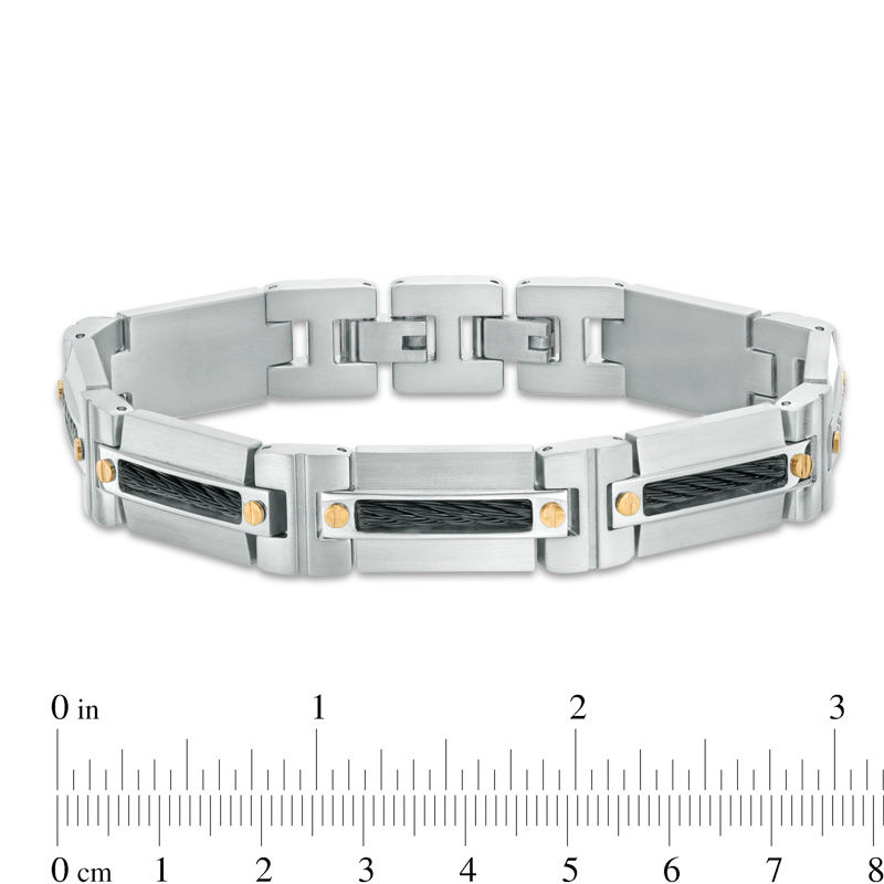 Men's Cable Stripe Link Bracelet in Stainless Steel and Two-Tone IP - 8.75"