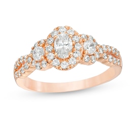 Celebration Ideal 1 CT. T.W. Oval Certified Diamond Three Stone Frame Engagement Ring in 14K Rose Gold (I/I1)