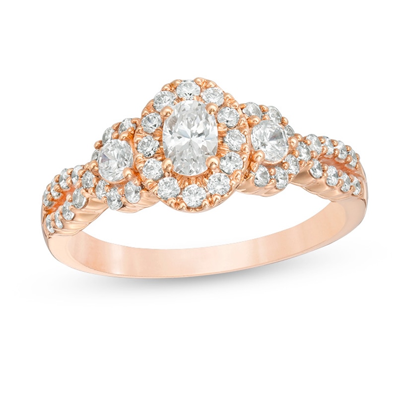 Celebration Ideal 1 CT. T.W. Oval Diamond Three Stone Frame Engagement Ring in 14K Rose Gold (I/I1)