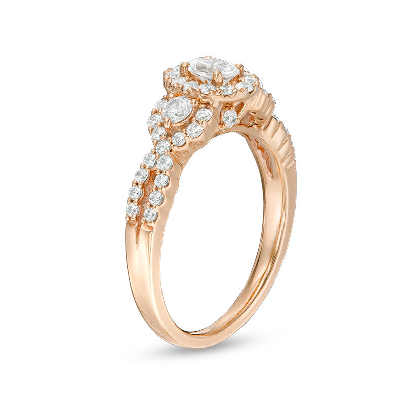 Main Image 2 of Celebration Ideal 1 CT. T.W. Oval Certified Diamond Three Stone Frame Engagement Ring in 14K Rose Gold (I/I1)