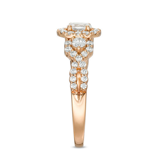 Celebration Ideal 1 CT. T.w. Oval Certified Diamond Three Stone Frame Engagement Ring in 14K Rose Gold (I/I1)
