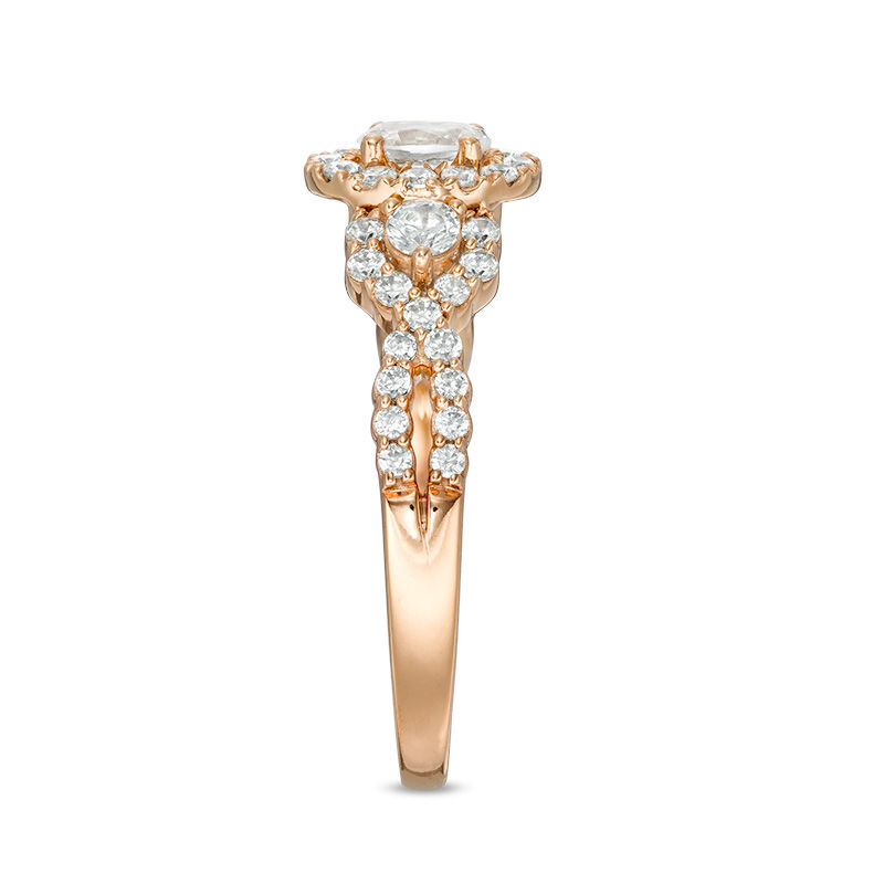 Main Image 3 of Celebration Ideal 1 CT. T.W. Oval Certified Diamond Three Stone Frame Engagement Ring in 14K Rose Gold (I/I1)