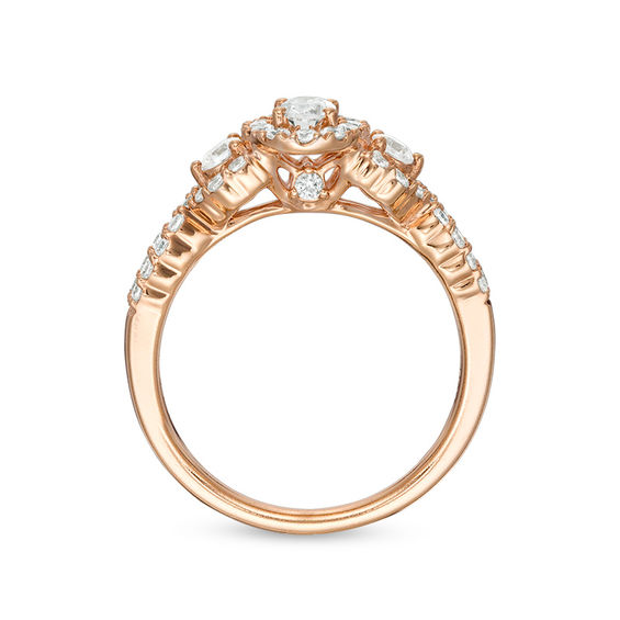 Celebration Ideal 1 CT. T.w. Oval Certified Diamond Three Stone Frame Engagement Ring in 14K Rose Gold (I/I1)