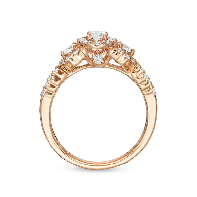 Main Image 4 of Celebration Ideal 1 CT. T.W. Oval Certified Diamond Three Stone Frame Engagement Ring in 14K Rose Gold (I/I1)