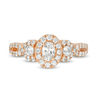 Thumbnail Image 5 of Celebration Ideal 1 CT. T.W. Oval Certified Diamond Three Stone Frame Engagement Ring in 14K Rose Gold (I/I1)