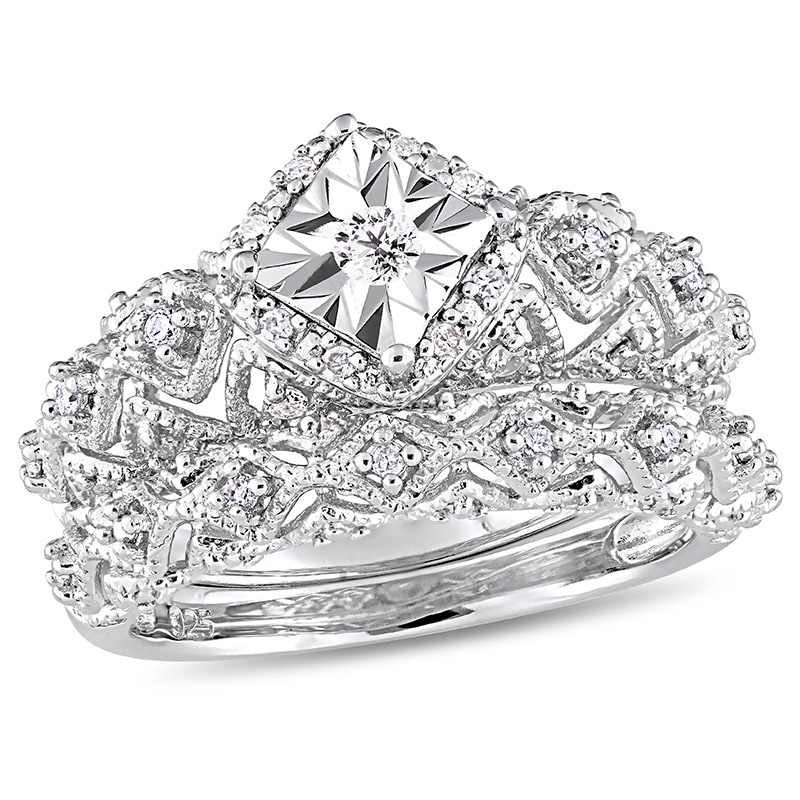 Main Image 1 of 1/5 CT. T.W. Diamond Tilted Square Frame Vintage-Style Bridal Set in Sterling Silver