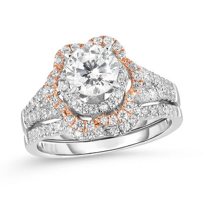 1 Ct T W Diamond Double Flower Frame Bridal Set In 14k Two Tone
