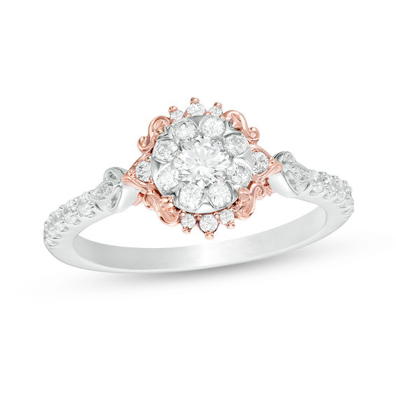 1/2 CT. T.w. Diamond Filigree Flower Frame Vintage-Style Engagement Ring in 10K Two-Tone Gold
