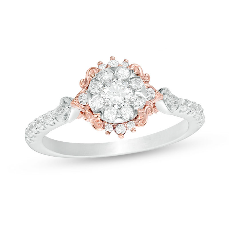 1/2 CT. T.W. Diamond Filigree Flower Frame Vintage-Style Engagement Ring in 10K Two-Tone Gold