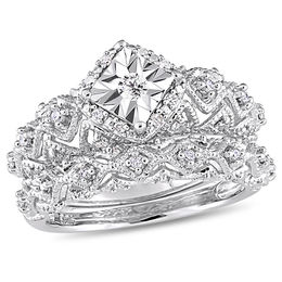 1/5 CT. T.W. Diamond Tilted Square Frame Vintage-Style Bridal Set in Sterling Silver