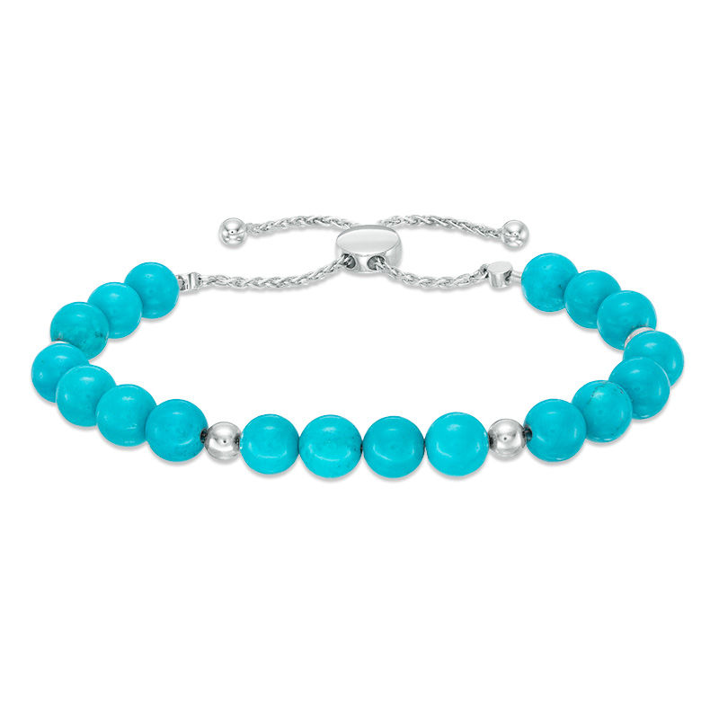Main Image 1 of 8.0mm Simulated Turquoise and Polished Bead Bolo Bracelet in Sterling Silver - 9.5"