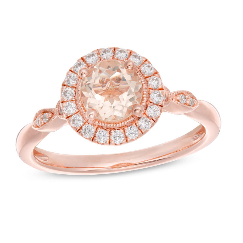 Main Image 1 of 6.0mm Morganite and 1/4 CT. T.W. Diamond Frame Vintage-Style Ring in 10K Rose Gold