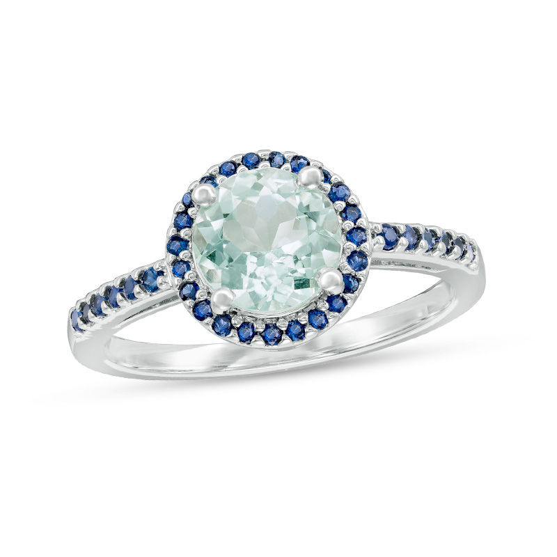 Main Image 1 of 7.0mm Aquamarine and Lab-Created Blue Sapphire Frame Ring in Sterling Silver