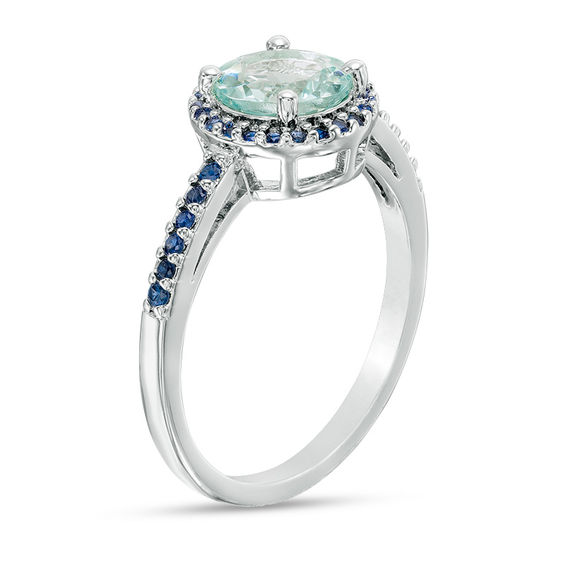 7.0mm Aquamarine and Lab-Created Blue Sapphire Frame Ring in Sterling Silver
