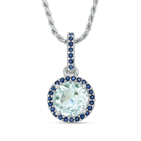 7.0mm Aquamarine and Lab-Created Blue Sapphire Frame Drop Pendant in Sterling Silver
