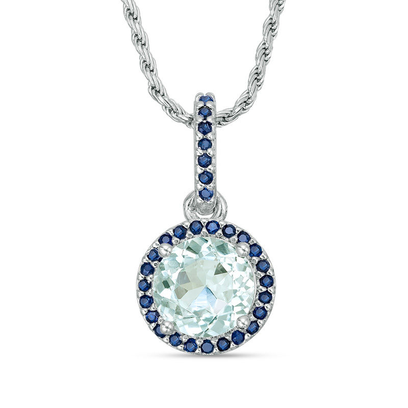 Main Image 1 of 7.0mm Aquamarine and Lab-Created Blue Sapphire Frame Drop Pendant in Sterling Silver