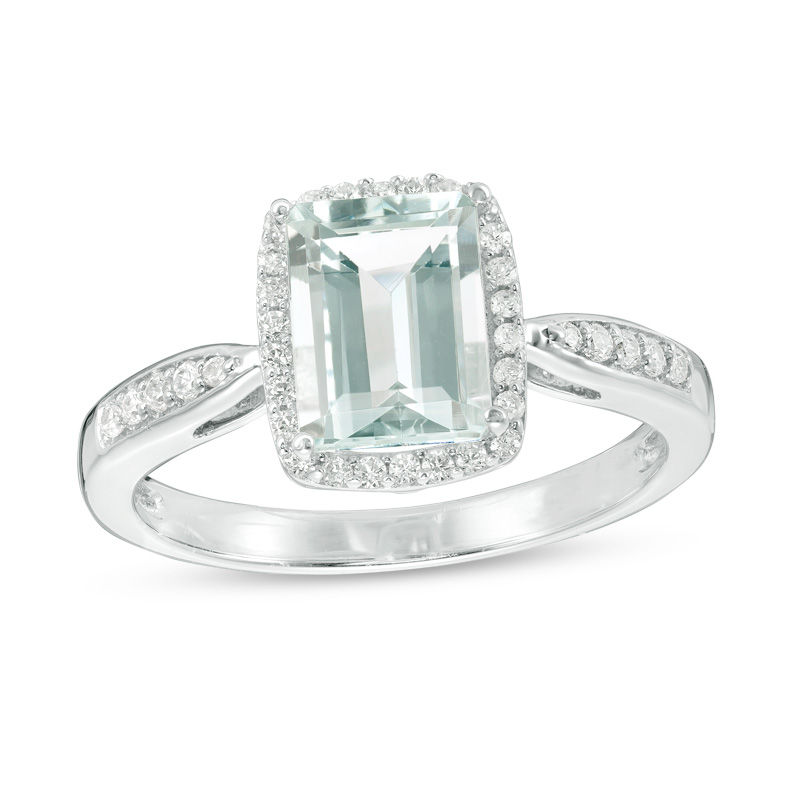 Emerald-Cut Aquamarine and 1/10 CT. T.W. Diamond Frame Ring in Sterling Silver