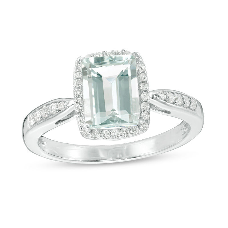 Main Image 1 of Emerald-Cut Aquamarine and 1/10 CT. T.W. Diamond Frame Ring in Sterling Silver