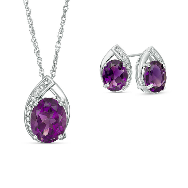 Main Image 1 of Oval Amethyst and Lab-Created White Sapphire Pendant and Stud Earrings Set in Sterling Silver