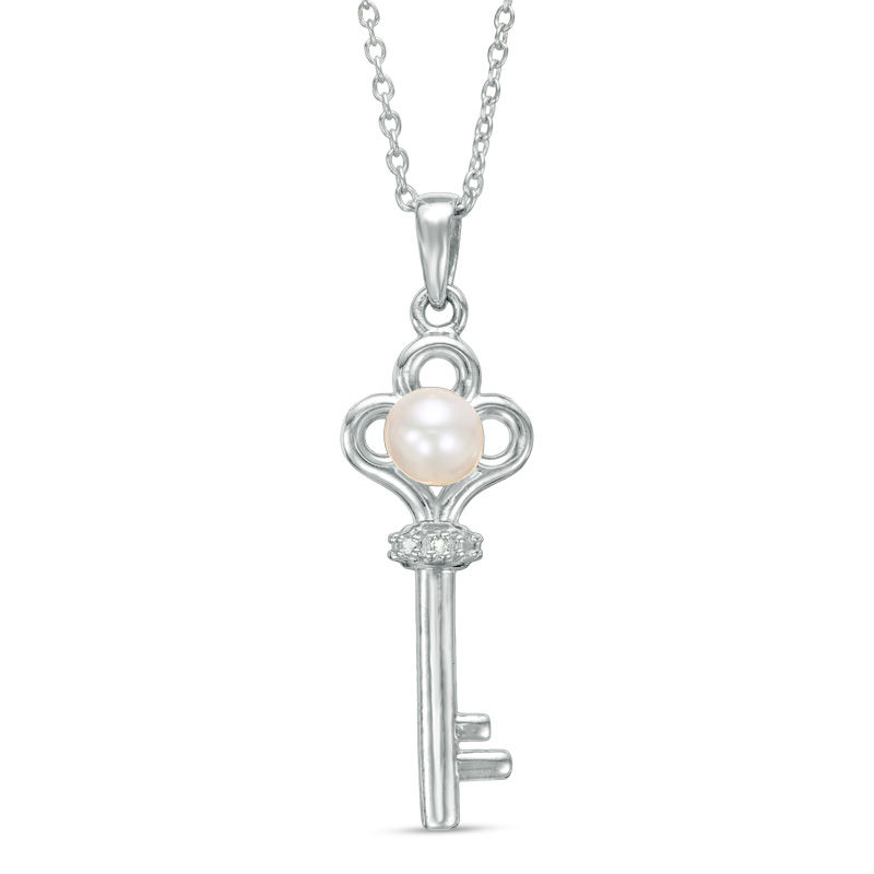 Main Image 1 of 4.5-5.0mm Freshwater Cultured Pearl and Lab-Created White Sapphire Key Pendant in Sterling Silver