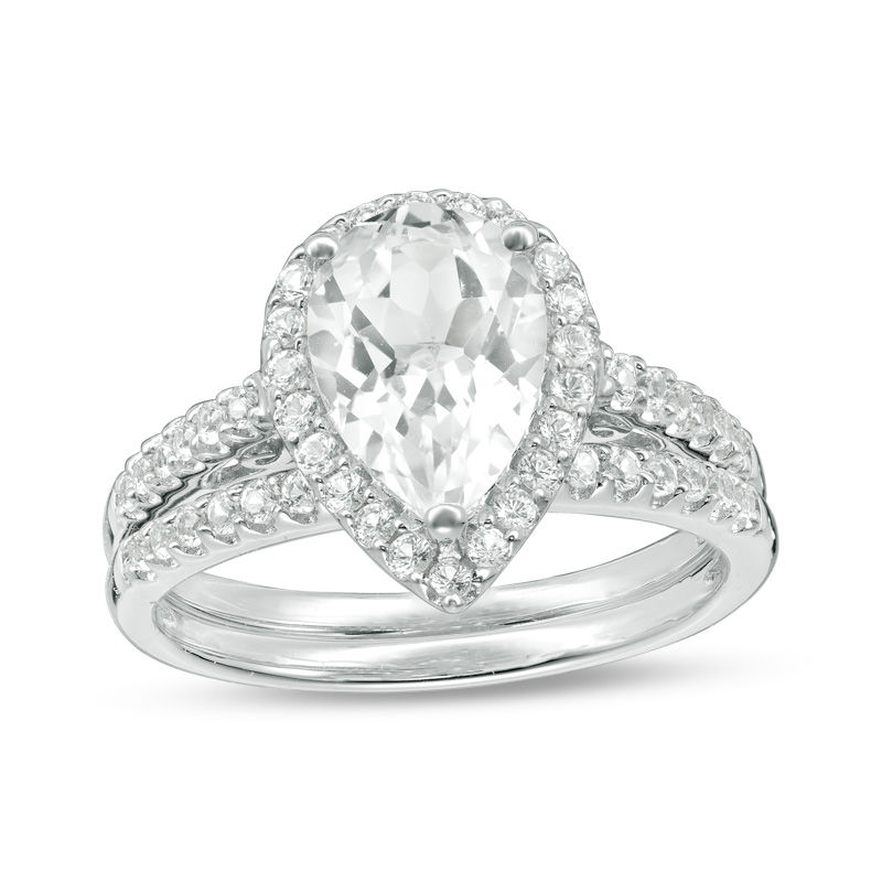 Main Image 1 of Pear-Shaped Lab-Created White Sapphire Frame Bridal Set in Sterling Silver