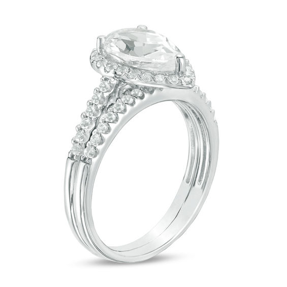 Pear-Shaped Lab-Created White Sapphire Frame Bridal Set in Sterling Silver