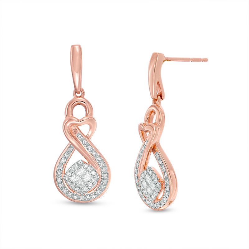Main Image 1 of 1/3 CT. T.W. Princess-Cut and Round Diamond Infinity Heart Drop Earrings in 10K Rose Gold