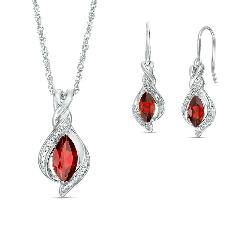 Main Image 1 of Marquise Garnet and Lab-Created White Sapphire Twisted Flame Pendant and Drop Earrings Set in Sterling Silver