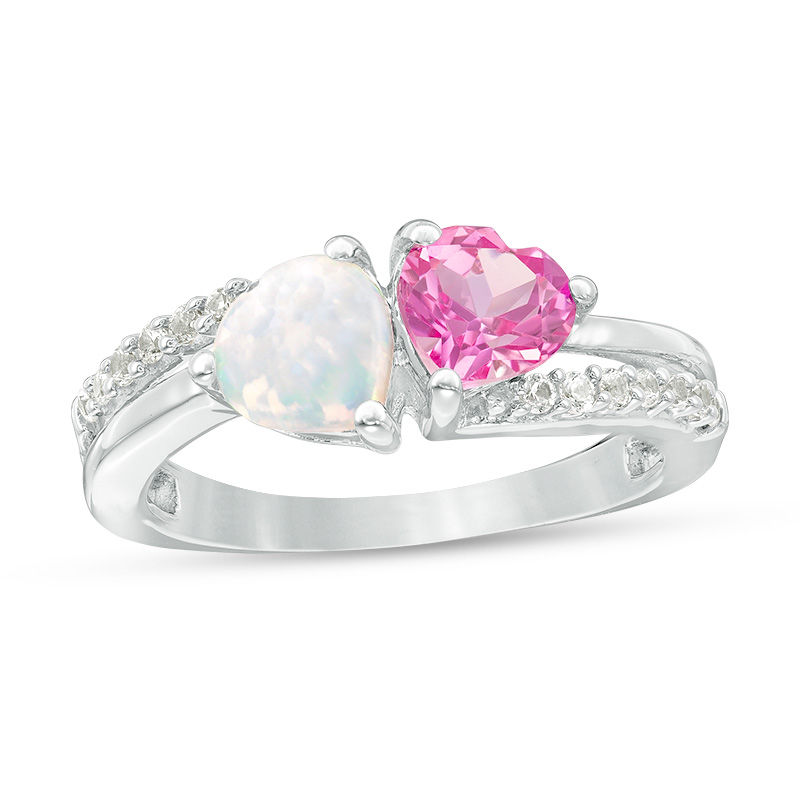Main Image 1 of 6.0mm Heart-Shaped Lab-Created Opal, Pink and White Sapphire Split Shank Ring in Sterling Silver