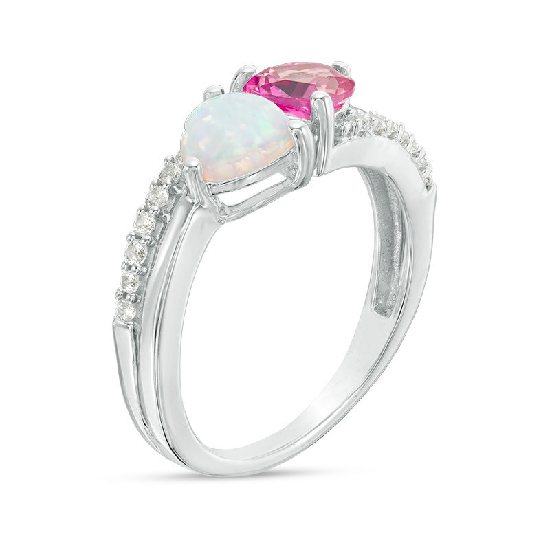 6.0mm Heart-Shaped Lab-Created Opal, Pink and White Sapphire Split Shank Ring in Sterling Silver