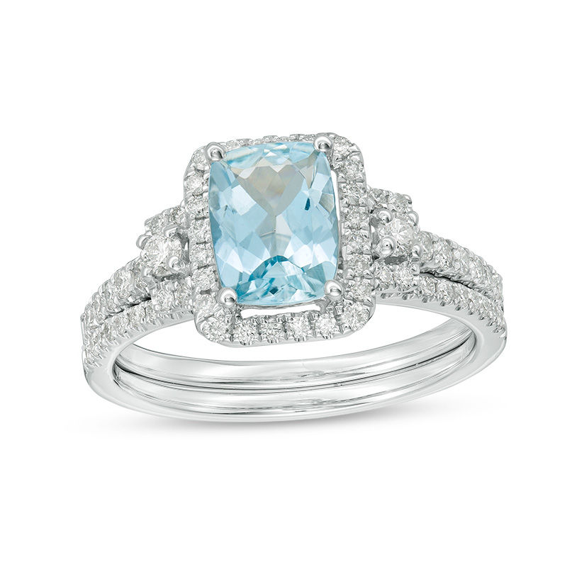 Main Image 1 of Cushion-Cut Aquamarine and 1/2 CT. T.W. Diamond Frame Bridal Set in 14K White Gold