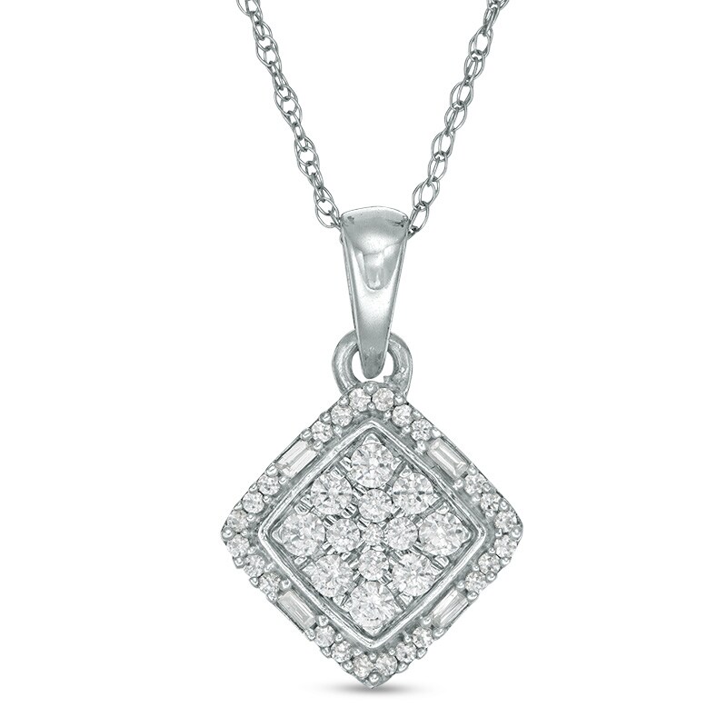 Main Image 1 of 1/4 CT. T.W. Princess-Shaped Multi-Diamond Tilted Square Frame Pendant in 10K White Gold