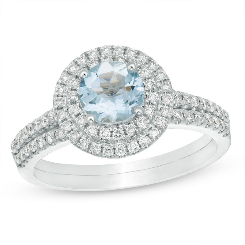 Main Image 1 of 6.0mm Aquamarine and 3/8 CT. T.W. Diamond Double Frame Bridal Set in 14K White Gold