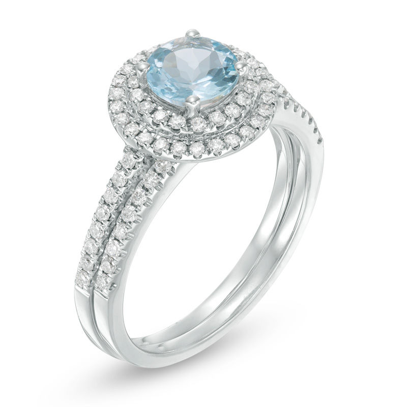 6.0mm Aquamarine and 3/8 CT. T.W. Diamond Double Frame Bridal Set in 14K White Gold