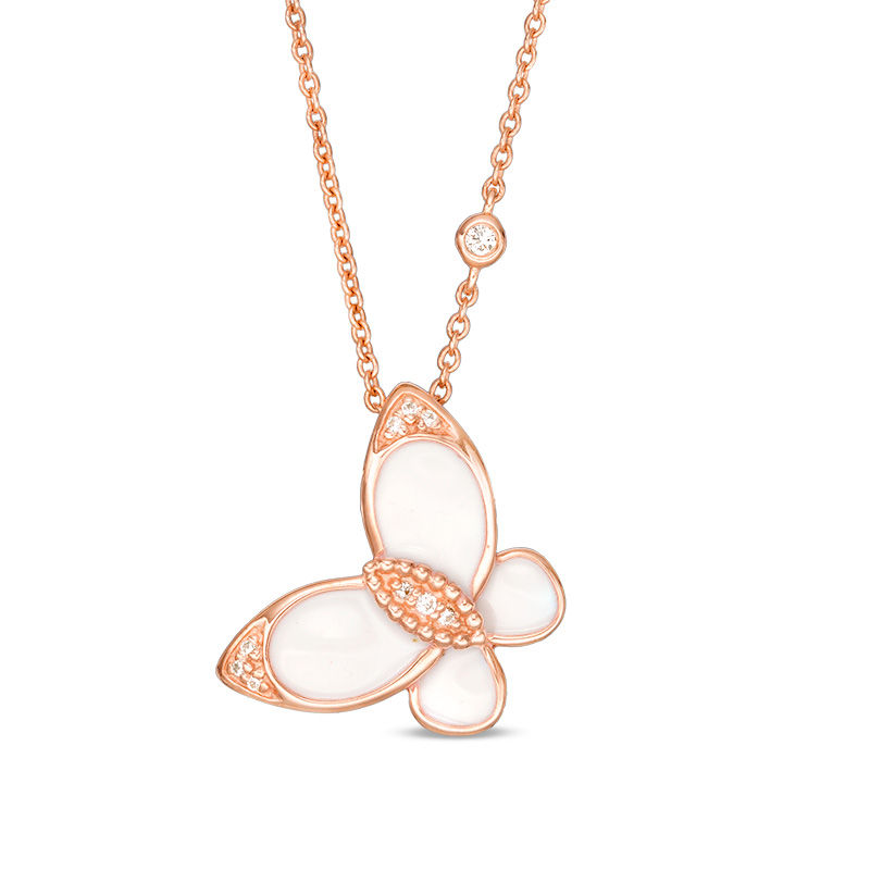 Main Image 1 of 1/20 CT. T.W. Diamond White Enamel Butterfly Pendant in 10K Rose Gold